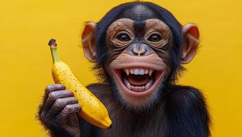 Cute monkey happily holds a banana. A joyful monkey smiles broadly while holding a banana against a bright yellow background. photo