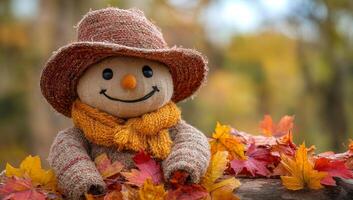 Bright scarecrow among autumn leaves. A cheerful scarecrow sits surrounded by colorful autumn leaves in a serene outdoor setting, capturing the fall spirit. photo