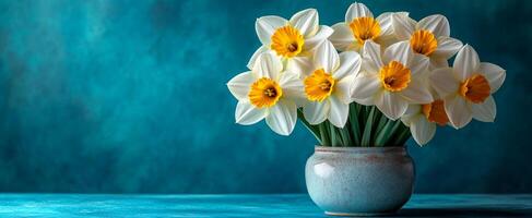 Beautiful daffodils in a ceramic vase. A cluster of bright daffodils in a serene setting with a blue background, showcasing their vibrant petals and stems. photo
