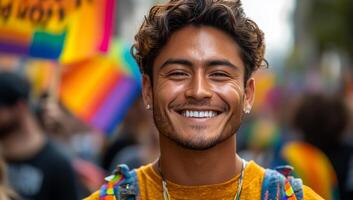 Smiling participant at pride. A young man with curly hair smiles joyfully while attending a vibrant pride parade, surrounded by rainbow flags. photo