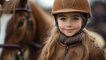 Girl enjoying outdoor riding. Girl smiles while wearing a riding helmet at an equestrian center, preparing to ride her horse during lessons. photo