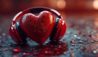 Heart with headphones on desk. A vibrant red heart-shaped object rests beside black headphones on a textured surface filled with shimmering bits. photo