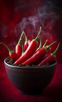 Red chili peppers in a smoky bowl. A dark bowl filled with fresh red chili peppers, surrounded by smoke giving an inviting, spicy atmosphere. photo