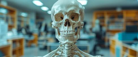 Skeleton in lab setting. A detailed skeleton model stands in a well-lit laboratory filled with bookshelves and study areas. photo