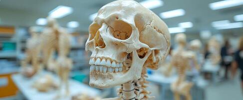 Classroom human skeleton. A human skeleton is displayed in a classroom with anatomical models and students learning nearby. photo