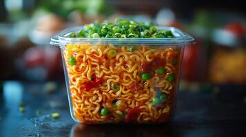 Noodles with green onions ready. A container holds delicious noodles topped with fresh green onions, showcasing vibrant colors and tempting textures. photo