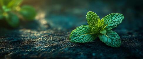 Fresh mint leaf on a dark surface. A vibrant mint leaf rests on a textured, dark surface, highlighting its rich green color and intricate details. photo