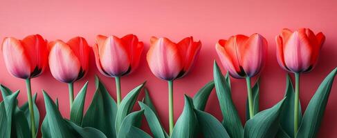 Red tulips on pink bg. Rows of vibrant red tulips with green leaves are arranged against a soft pink backdrop, creating a colorful display. photo