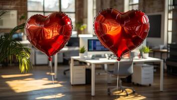 Heart balloons in a modern office. Two large red heart-shaped balloons float in a bright office, creating a festive atmosphere during a cheerful gathering. photo
