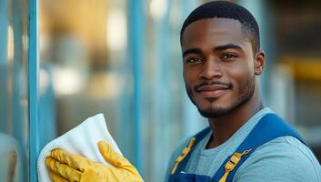 Young man cleaning windows with a smile. A man in work attire cleans windows with a cloth, showcasing his cheerful demeanor and dedication to the task. photo