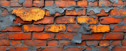 Weathered brick wall with vibrant colors. A close-up view of a brick wall showing orange and gray peeling paint, highlighting the textures and colors of decay. photo