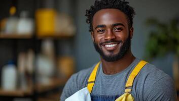 Craftsman smiles in workshop at dawn. A skilled craftsman in a workshop, smiling while holding a towel, early morning light fills the space with warmth. photo