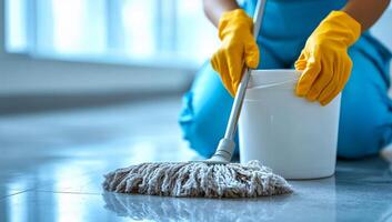 Person mopping floor. Individual dressed in blue is cleaning a floor with a mop while using a bucket for water and cleaning solution. photo