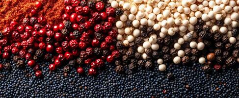 Vibrant mix of spices shown. An array of spices in vibrant colors creates a beautiful pattern, showcasing culinary diversity and flavor. photo