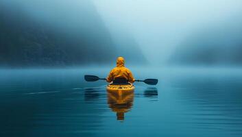 Kayaker on misty lake. A person in a yellow kayak paddles serenely on a foggy lake surrounded by misty cliffs at dawn. photo