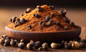 Rich spices arranged in a wooden bowl. A wooden bowl filled with aromatic ground spices is surrounded by whole spices, creating a vibrant display of flavor. photo