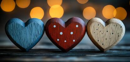 Three wooden hearts are arranged in a row on a wooden surface. The hearts are of different sizes and colors, with one being blue, one being red, and one being brown photo