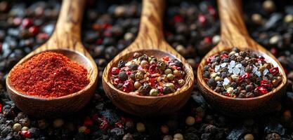 Three spoons of different spices are shown on a black background. The spoons are arranged in a row, with the first spoon containing red pepper flakes, the second spoon containing black pepper flakes photo