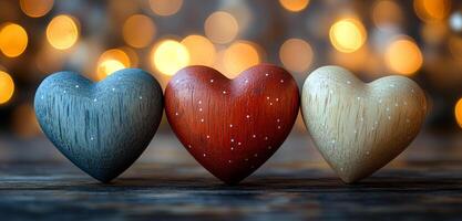 Three hearts are arranged in a row on a wooden surface. The hearts are of different colors, with one being blue, one being red, and one being white photo
