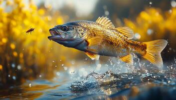 A fish is swimming in the water with a bug in its mouth. The scene is lively and full of action photo