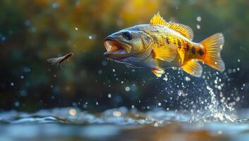 A fish is jumping out of the water to catch a bug. The scene is lively and energetic, with the fish and bug in motion photo