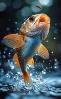 A fish is jumping out of the water with a bug in its mouth. The image has a playful and lighthearted mood, as the fish is not a typical predator and the bug is not a typical prey photo