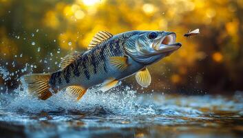 A fish is jumping out of the water with a bug in its mouth. The scene is lively and energetic, with the fish and bug both in motion photo