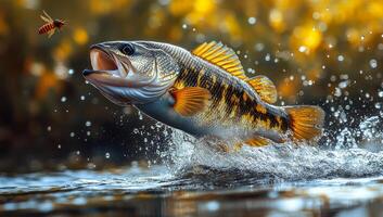 A fish is swimming in the water with a bee in its mouth. The scene is lively and full of action photo