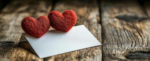 Two hearts on a white card with a message written on it. The message is a love note photo