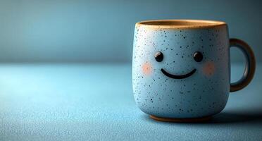 A smiling blue coffee cup on a blue background. The cup is smiling and has a happy expression photo