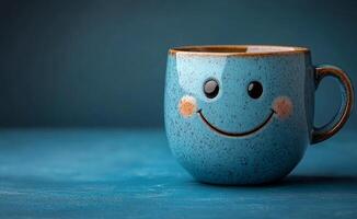 A smiling blue coffee cup on a blue table. The cup is smiling and has a happy expression photo