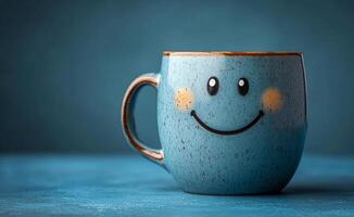 A smiling coffee mug with a blue background. The mug is smiling and has a happy expression. The blue background adds to the overall mood of the image, making it feel cheerful and positive photo