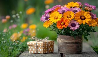 A bouquet of flowers sits on a wooden table next to a brown box. The flowers are a mix of orange and pink, and they are arranged in a vase. The box is brown and has a polka dot design photo