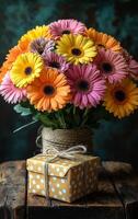 A bouquet of flowers sits next to a brown box with a polka dot design. The flowers are a mix of colors, including pink, yellow, and orange, and they are arranged in a vase photo