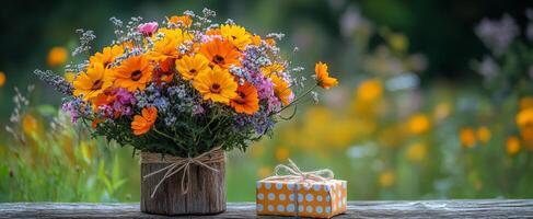 A bouquet of flowers sits on a wooden table next to a gift box. The flowers are a mix of orange and pink, and they are arranged in a vase. The gift box is yellow and has a polka dot design photo