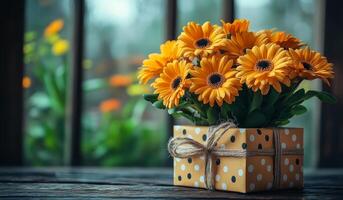 A bouquet of yellow flowers sits in a box with a polka dot design. The flowers are arranged in a vase and the box is placed on a table. Concept of warmth and happiness photo