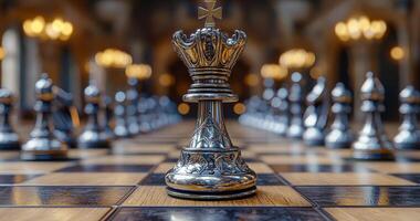 A silver chess piece is on a wooden board with a black and white checkered background. Concept of strategy and competition, as the chess piece is the central focus of the scene photo