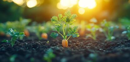 A carrot is growing in a garden with other vegetables. The carrot is small and is surrounded by dirt photo
