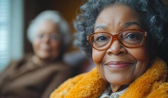 A woman with glasses is smiling at the camera. She is wearing a brown sweater and a yellow scarf photo