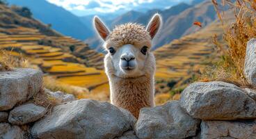 A baby llama is standing in front of a stone wall. The scene is peaceful and serene photo