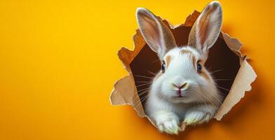 A rabbit is peeking out of a hole in a wall. The rabbit is white and brown, and it has a curious expression on its face. The image has a playful and whimsical mood photo