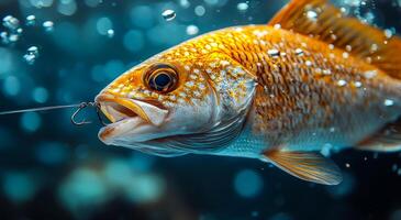 A fish with a hook in its mouth is swimming in the water. The fish is orange and white in color photo
