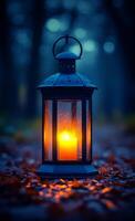 A candle is lit in a lantern, casting a warm glow on the ground. The lantern is placed on a path, surrounded by fallen leaves. Concept of tranquility and peacefulness photo