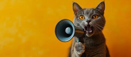 A cat is holding a microphone and making a loud noise. The image has a playful and humorous mood, as the cat is pretending to be a microphone and making a loud sound photo