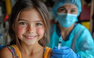 A young girl is smiling and holding a syringe. A nurse is standing behind her, wearing a mask and gloves. Concept of trust and care between the child and the nurse photo