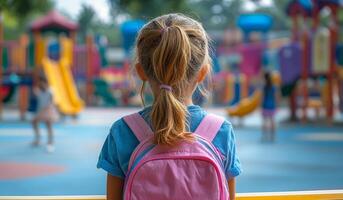 A girl with a pink backpack sits on a bench in a playground. She looks sad and lonely photo