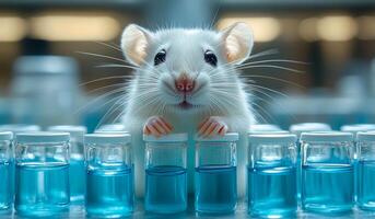 A white mouse is standing in front of a row of blue bottles. The mouse is smiling and he is curious about the bottles photo