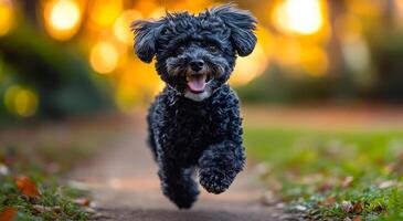 A black poodle is running on a path. The dog is happy and excited. The grass is green and the leaves are yellow photo