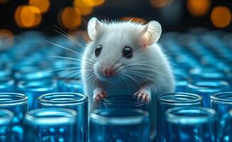 A white mouse is standing on a blue surface with many glass containers. The mouse appears to be curious and is looking at the viewer photo