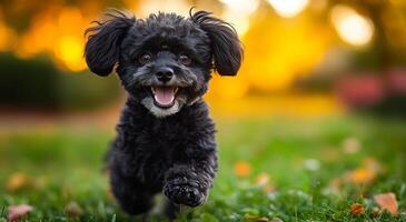 A black poodle is running in a grassy field. The dog is happy and excited, with its tongue hanging out. The scene is bright and cheerful, with the sun shining down on the dog and the grass photo